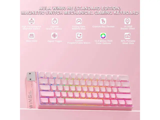 Alt view image 2 of 5 - Aula WIN60 HE - 60% Mechanical Gaming Keyboard Wired, Hall Effect Magnetic Switch Hot Swappable,8000 Hz Polling Rate, RGB Keyboard 60 Percent Compact Design for PC (Gradient Pink)