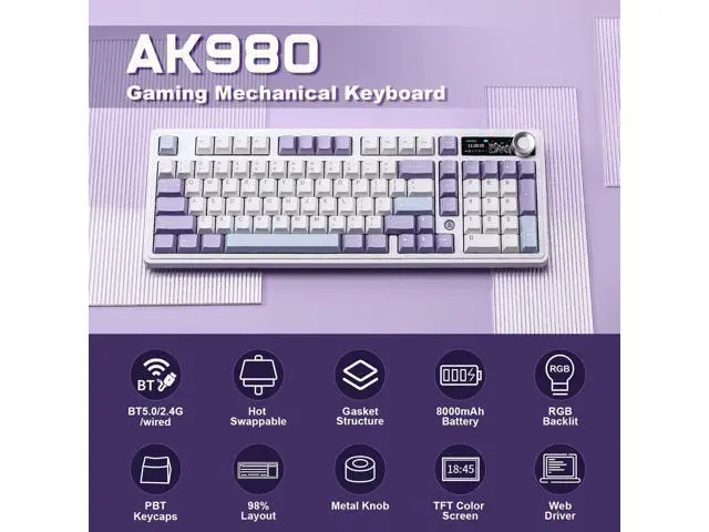 Alt view image 2 of 7 - AJAZZ AK980 Mechanical Keyboard with Smart Display & Knob,98% Wireless Keyboard Tri-Mode BT/2.4G/USB-C, Hot Swappable, PBT Keycaps, with RGB Light for Win & Mac(Purple,Murad Switch)