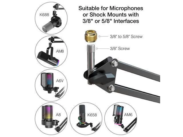 Alt view image 6 of 6 - Deuninker Gaming Microphone and Arm Stand Bundle,RGB USB Condenser Mic with Headphone Jack,Light Control for Live Streaming,Metal Boom Arm with Heavy Duty Clamp for Podcasting Recording(A8W+CS1)