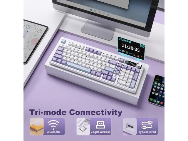 Alt view image 3 of 7 - AJAZZ AK980 Mechanical Keyboard with Smart Display & Knob,98% Wireless Keyboard Tri-Mode BT/2.4G/USB-C, Hot Swappable, PBT Keycaps, with RGB Light for Win & Mac(Purple,Murad Switch)