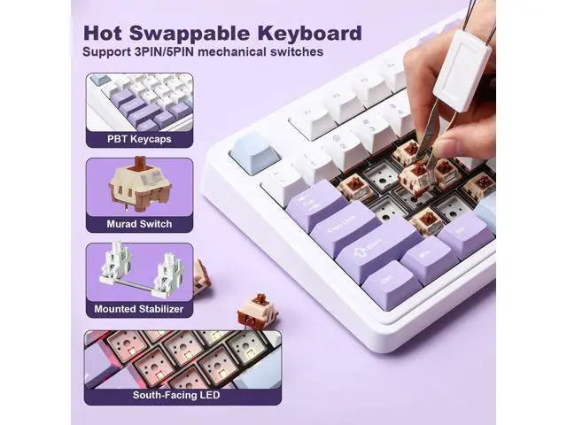 Alt view image 7 of 7 - AJAZZ AK980 Mechanical Keyboard with Smart Display & Knob,98% Wireless Keyboard Tri-Mode BT/2.4G/USB-C, Hot Swappable, PBT Keycaps, with RGB Light for Win & Mac(Purple,Murad Switch)