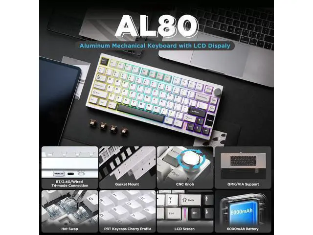 Alt view image 2 of 7 - YUNZII AL80 Wireless Mechanical Keyboard,Full Aluminum CNC, Smart LCD Display,Hot Swappable Gasket Mount 75% Layout with Knob,BT/2.4G/USB-C,QMK/VIA Support for Win/Mac (Silver, Cocoa Cream V2 Switch)
