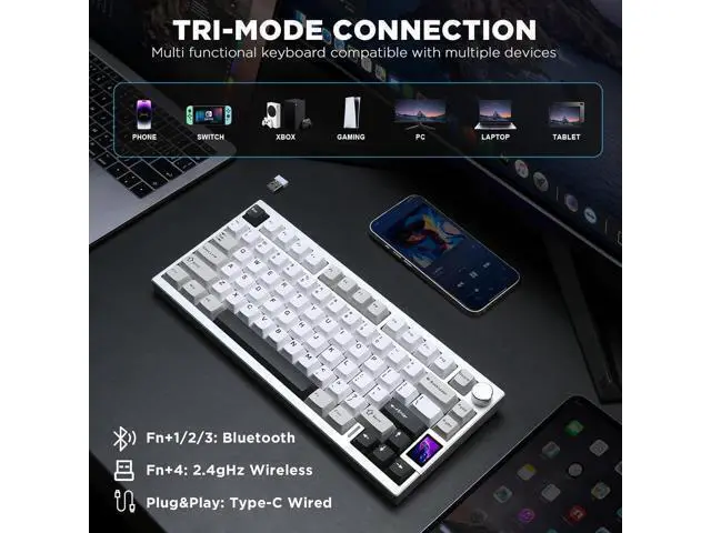 Alt view image 4 of 7 - YUNZII AL80 Wireless Mechanical Keyboard,Full Aluminum CNC, Smart LCD Display,Hot Swappable Gasket Mount 75% Layout with Knob,BT/2.4G/USB-C,QMK/VIA Support for Win/Mac (Silver, Cocoa Cream V2 Switch)