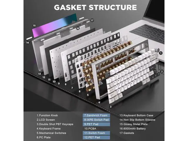 Alt view image 5 of 7 - YUNZII AL80 Wireless Mechanical Keyboard,Full Aluminum CNC, Smart LCD Display,Hot Swappable Gasket Mount 75% Layout with Knob,BT/2.4G/USB-C,QMK/VIA Support for Win/Mac (Silver, Cocoa Cream V2 Switch)