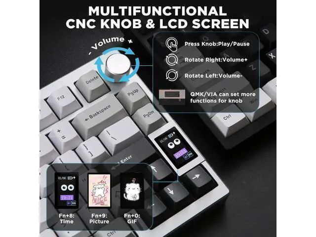 Alt view image 7 of 7 - YUNZII AL80 Wireless Mechanical Keyboard,Full Aluminum CNC, Smart LCD Display,Hot Swappable Gasket Mount 75% Layout with Knob,BT/2.4G/USB-C,QMK/VIA Support for Win/Mac (Silver, Cocoa Cream V2 Switch)