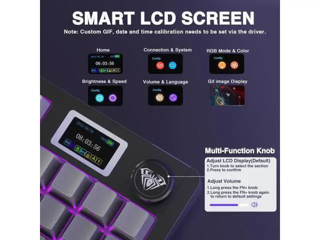Alt view image 3 of 7 - AULA S98 Pro Wireless Mechanical Keyboard with Screen & Knob,2.4GHz/USB-C/BT5.0 Gasket Hot Swappable Creamy Keyboard,Pre-lubed Linear Switches,Side Printed PBT Keycaps,RGB Backlit Gaming Keyboard
