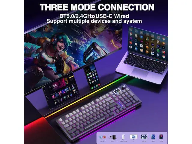 Alt view image 4 of 7 - AULA S98 Pro Wireless Mechanical Keyboard with Screen & Knob,2.4GHz/USB-C/BT5.0 Gasket Hot Swappable Creamy Keyboard,Pre-lubed Linear Switches,Side Printed PBT Keycaps,RGB Backlit Gaming Keyboard