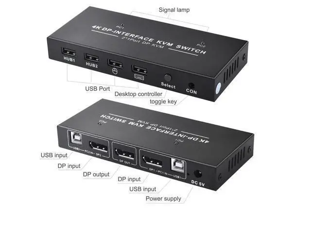Alt view image 3 of 7 - 2 Port Displayport KVM Switch 4K 60Hz USB DP KVM 2 in 1 out DP USB KVM Switch 2x1 For PC to share monitor mouse keyboard printer