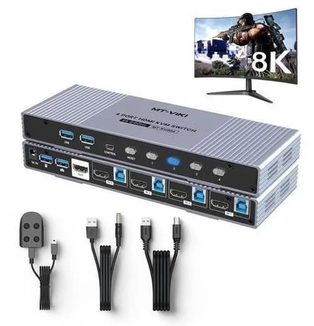 Main image of MT-VIKI 4K@120Hz/144Hz USB 3.0 HDMI KVM Switch 4 Port 8K@60Hz, Aluminum KVM Switch HDMI 2.1, HDR for Games (4 USB 3.0 Cable Included)