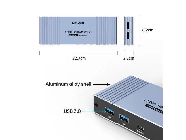 Alt view image 3 of 5 - MT-VIKI 4K@120Hz/144Hz USB 3.0 HDMI KVM Switch 4 Port 8K@60Hz, Aluminum KVM Switch HDMI 2.1, HDR for Games (4 USB 3.0 Cable Included)