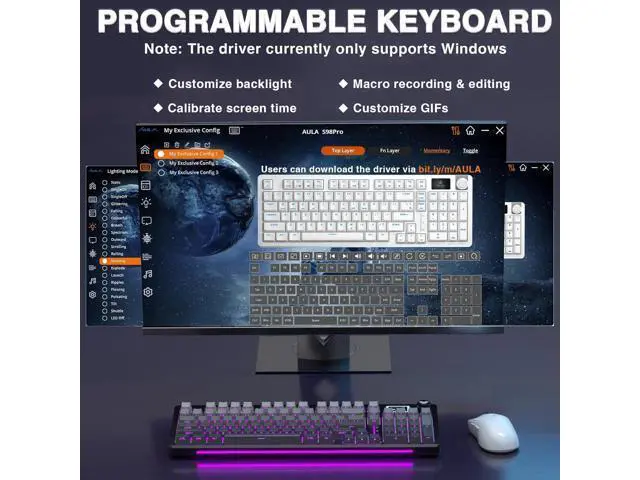 Alt view image 7 of 7 - AULA S98 Pro Wireless Mechanical Keyboard with Screen & Knob,2.4GHz/USB-C/BT5.0 Gasket Hot Swappable Creamy Keyboard,Pre-lubed Linear Switches,Side Printed PBT Keycaps,RGB Backlit Gaming Keyboard