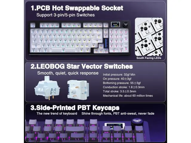 Alt view image 6 of 7 - AULA S98 Pro Wireless Mechanical Keyboard with Screen & Knob,2.4GHz/USB-C/BT5.0 Gasket Hot Swappable Creamy Keyboard,Pre-lubed Linear Switches,Side Printed PBT Keycaps,RGB Backlit Gaming Keyboard