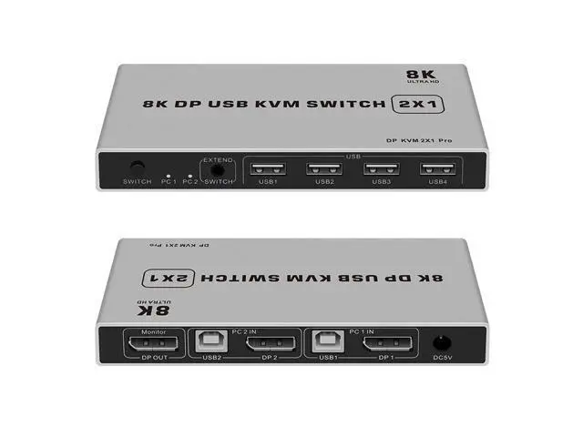 Alt view image 2 of 7 - 8K Dual-port DP USB KVM 2x1 Displayport KVM Switch 2 in 1 out 4K 60Hz 2-Port DP 1.4 USB KVM Switch Support Mouse Keyboad Printer(USB Power cable) (8K)