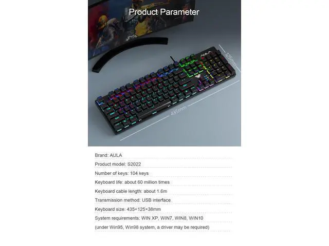 Alt view image 7 of 7 - AULA S2022 Wired Mechanical Gaming Keyboard with 104 Keys Adoption of 26 Keys without Impact Design USB interface Mechanical Keyboard for WIN XP WIN7 WIN8 WIN10 System