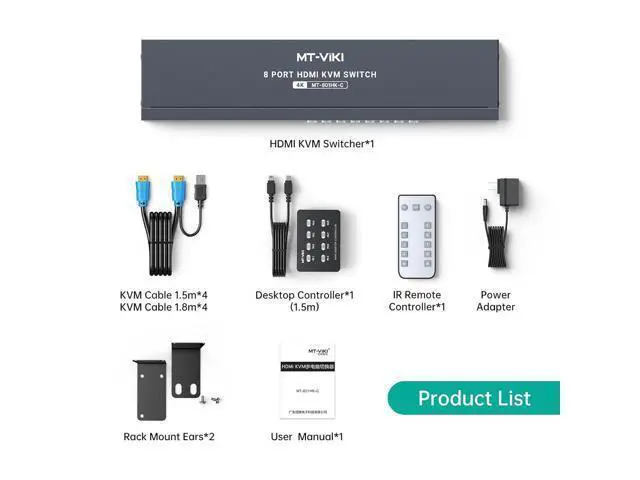 Alt view image 7 of 7 - Ennovor MT-VIKI 8 Port KVM Switch HDMI, 4K@30Hz 1U Rack Mount KVM Switch w/IR Remote & Wire-Desktop Controller & 8 HDMI KVM Cables & Rack Ears & Power Adapter