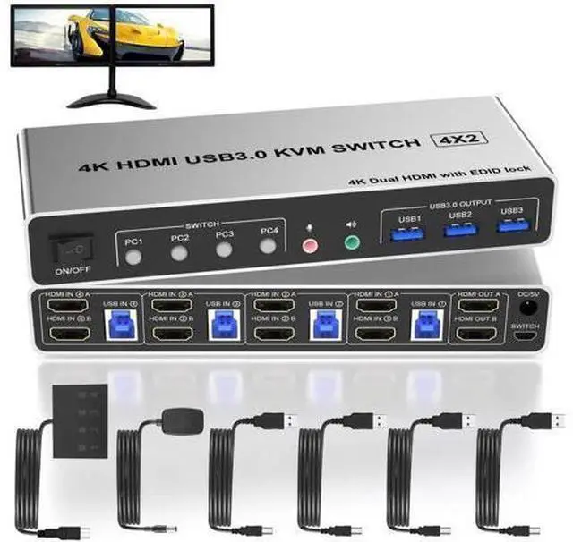 Main image of 4 Port USB 3.0 KVM Switch Dual Monitor HDMI 4K 60Hz, KVM Switch 2 Monitors for 4PCs Supports EDID, KVM Switch 4 Computers with Audio Microphone Output and 3 USB 3.0 Ports, 4 in 2 Out KVM
