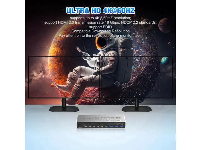 Alt view image 6 of 7 - 4 Port USB 3.0 KVM Switch Dual Monitor HDMI 4K 60Hz, KVM Switch 2 Monitors for 4PCs Supports EDID, KVM Switch 4 Computers with Audio Microphone Output and 3 USB 3.0 Ports, 4 in 2 Out KVM