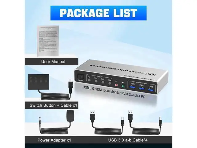 Alt view image 7 of 7 - 4 Port USB 3.0 KVM Switch Dual Monitor HDMI 4K 60Hz, KVM Switch 2 Monitors for 4PCs Supports EDID, KVM Switch 4 Computers with Audio Microphone Output and 3 USB 3.0 Ports, 4 in 2 Out KVM