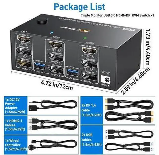 Alt view image 7 of 7 - Triple Monitors KVM Switch HDMI 2 Displayport USB 3.0 KVM Switch 8K@60Hz, 4K@144Hz 3 Monitors 2 Computers KVM with 4 USB 3.0 Ports Included KVM Cables,HD-MI 8K@60Hz/4K@60Hz,DP 8K@30Hz/4K@144Hz eokCXOY