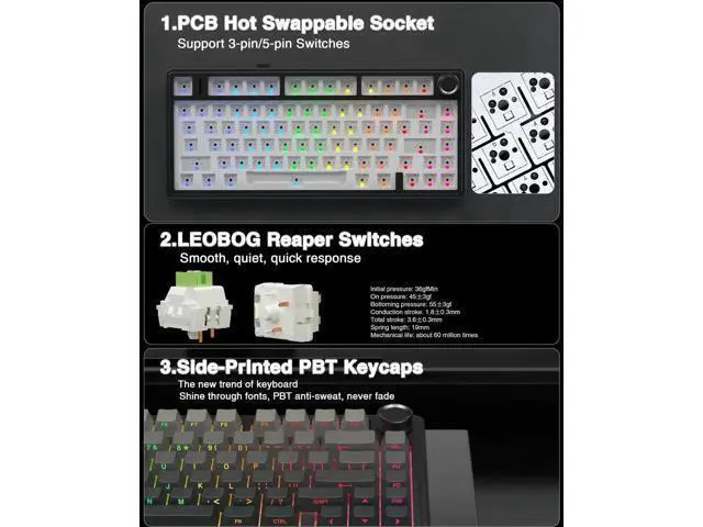 Alt view image 5 of 7 - AULA Wireless Keyboard and Mouse Combo, F75 Mechanical Keyboards,75% Gasket Hot Swappable Custom Keyboard+SC580 Wireless Gaming Mouse White