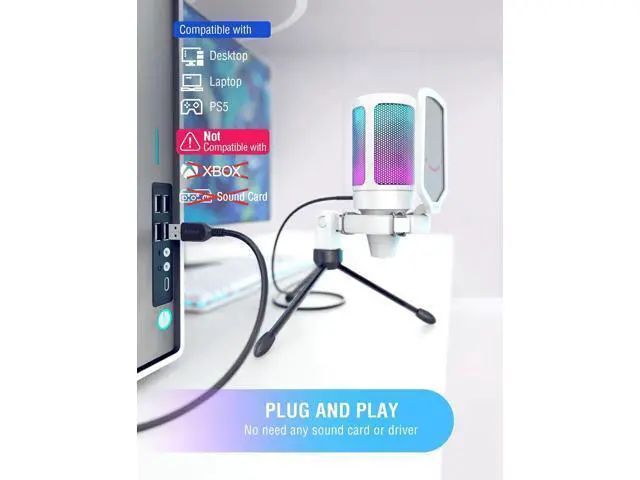 Alt view image 5 of 7 - Deuninker Condenser USB Microphone & RGB Microphone Boom Arm Bundle, PC Gaming Streaming Mic with Mute & Gain, Heavy Duty Adjustable RGB Desk Mic Mount for Studio, Podcasting-A6VW+BM38W