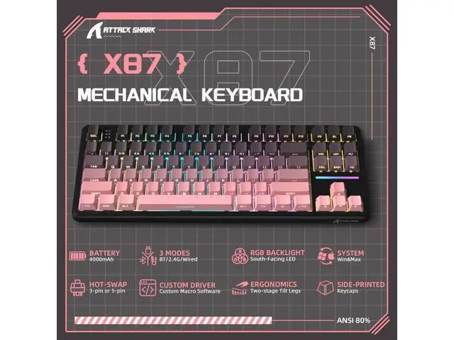 Alt view image 2 of 7 - ATTACK SHARK X87 Wireless Keyboard, 75% Gasket Hot Swappable Custom Mechanical Keyboard, Tri-Mode 2.4G/USB-C/BT5.0 RGB Backlit Gaming Keyboard for Win/Mac/PC, 4000mAh Battery, PBT Keycaps(Pink Black)