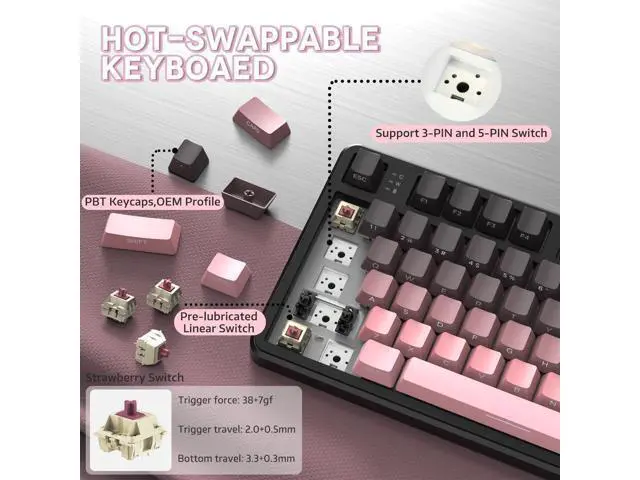 Alt view image 4 of 7 - ATTACK SHARK X87 Wireless Keyboard, 75% Gasket Hot Swappable Custom Mechanical Keyboard, Tri-Mode 2.4G/USB-C/BT5.0 RGB Backlit Gaming Keyboard for Win/Mac/PC, 4000mAh Battery, PBT Keycaps(Pink Black)