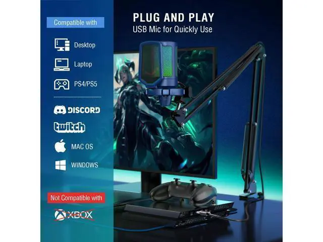Alt view image 5 of 7 - Deuninker USB Gaming Streaming Recording PC Microphone Kit, RGB Condenser Computer Mic Bundle for Podcasts, Audio, Vocal, Video on Mac/Desktop/Laptop, with Boom Arm Stand-A6T Blue