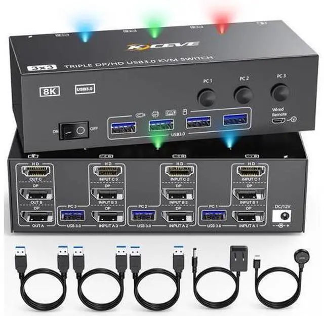Main image of 8K KVM Switch 3 Monitors 3 Computers HDMI + DisplayPort, KCEVE USB 3.0 DP KVM Switcher, 8K@30Hz/4k@144Hz Triple Monitor DP KVM for 3 PC Share 3 Display and 4 USB 3.0 Devices