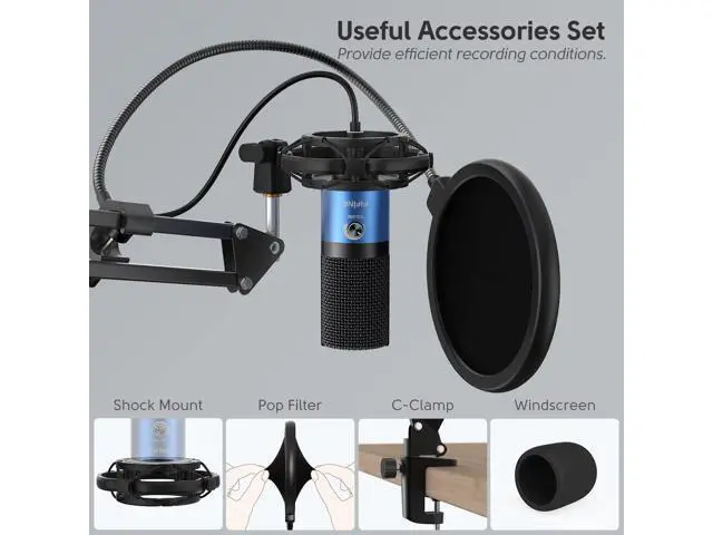 Alt view image 5 of 7 - Deuninker USB Recording PC Microphone Kit, Computer Condenser Cardioid Mic on Mac Windows PS4/PS5, for Streaming, Podcasting, Gaming, Video, Home Use, with Gain Knob, Arm Stand-T669 Blue