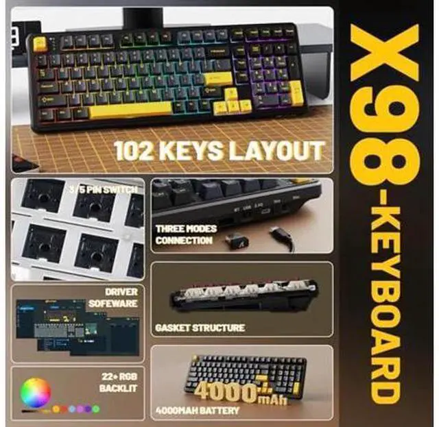 Alt view image 2 of 5 - MAMBASNAKE Attack Shark X98 Wireless Mechanical Keyboard,Gasket Hot Swappable Custom Keyboard,Bluetooth 5.0/2.4G/Wired,Linear Blueberry Switches, PBT Keycaps RGB Backlit with Coiled Cable-Black