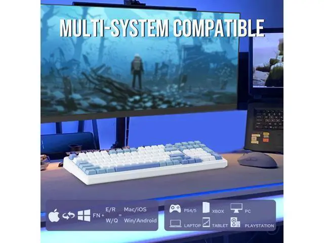 Alt view image 2 of 7 - x Aula F99 Wireless Mechanical Keyboard, Hot Swappable Gasket Custom Gaming Keyboard with Five-Layer Padding, Bluetooth/2.4GHz/USB-C, 8000mAh Battery (White Light Blue, Graywood V3 Switch)
