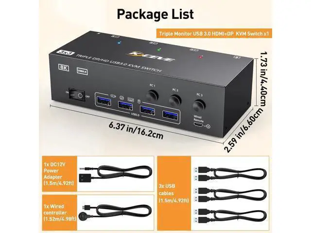 Alt view image 7 of 7 - KVM Switch 3 Monitors 3 Computers, 4K@144Hz HDMI+2 Displayport KVM Swticher Support 8K@30Hz, 3 PC Triple Monitor KVM Switches, Support Extended Mode