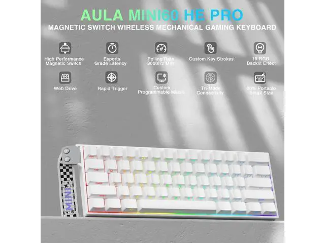 Alt view image 2 of 7 - Aula MINI60 HE PRO - 60% Mechanical Gaming Keyboard Wireless, Hall Effect Magnetic Switch Hot Swappable, Rapid Trigger Mode, 8000 Hz Polling Rate, 60 Percent Compact Design (White)