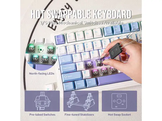 Alt view image 7 of 7 - x Aula F99 Wireless Mechanical Keyboard, Hot Swappable Gasket Custom Gaming Keyboard with Five-Layer Padding, Bluetooth/2.4GHz/USB-C, 8000mAh Battery (White Light Blue, Graywood V3 Switch)