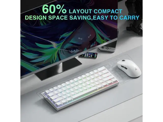 Alt view image 4 of 7 - Aula MINI60 HE PRO - 60% Mechanical Gaming Keyboard Wireless, Hall Effect Magnetic Switch Hot Swappable, Rapid Trigger Mode, 8000 Hz Polling Rate, 60 Percent Compact Design (White)