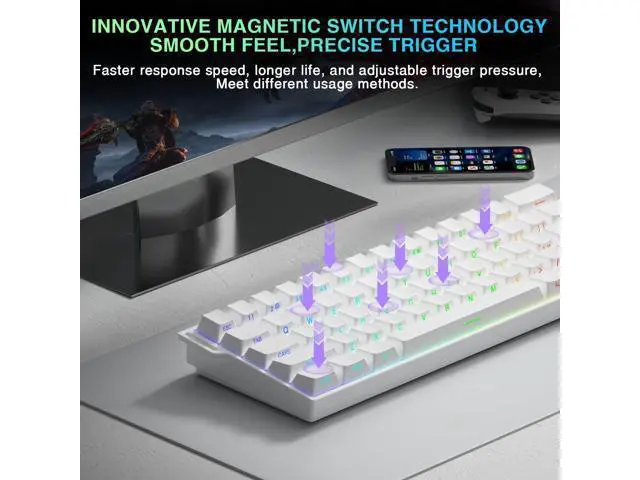Alt view image 5 of 7 - Aula MINI60 HE PRO - 60% Mechanical Gaming Keyboard Wireless, Hall Effect Magnetic Switch Hot Swappable, Rapid Trigger Mode, 8000 Hz Polling Rate, 60 Percent Compact Design (White)