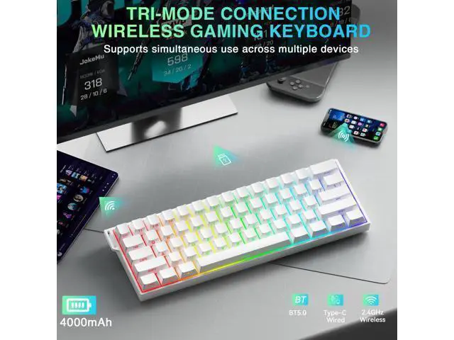 Alt view image 3 of 7 - Aula MINI60 HE PRO - 60% Mechanical Gaming Keyboard Wireless, Hall Effect Magnetic Switch Hot Swappable, Rapid Trigger Mode, 8000 Hz Polling Rate, 60 Percent Compact Design (White)