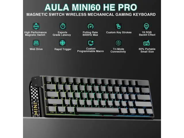 Alt view image 2 of 7 - Aula MINI60 HE PRO - 60% Mechanical Gaming Keyboard Wireless, Hall Effect Magnetic Switch Hot Swappable, Rapid Trigger Mode, 8000 Hz Polling Rate, 60 Percent Compact Design (Black)