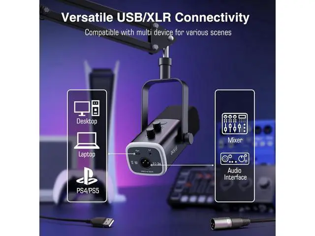 Alt view image 3 of 7 - Deuninker Dynamic Gaming Mic and Microphone Arm Stand Kit, PC Computer Streaming Mic with RGB Light, Mute Button, Suspension Boom Scissor Mic Stand Bundle for Recording, Podcast, Voice-Over (AM8+CS1)