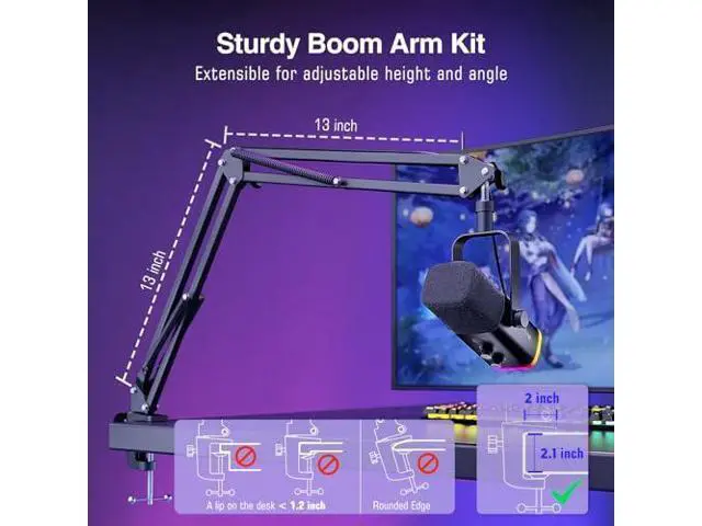 Alt view image 7 of 7 - Deuninker Dynamic Gaming Mic and Microphone Arm Stand Kit, PC Computer Streaming Mic with RGB Light, Mute Button, Suspension Boom Scissor Mic Stand Bundle for Recording, Podcast, Voice-Over (AM8+CS1)