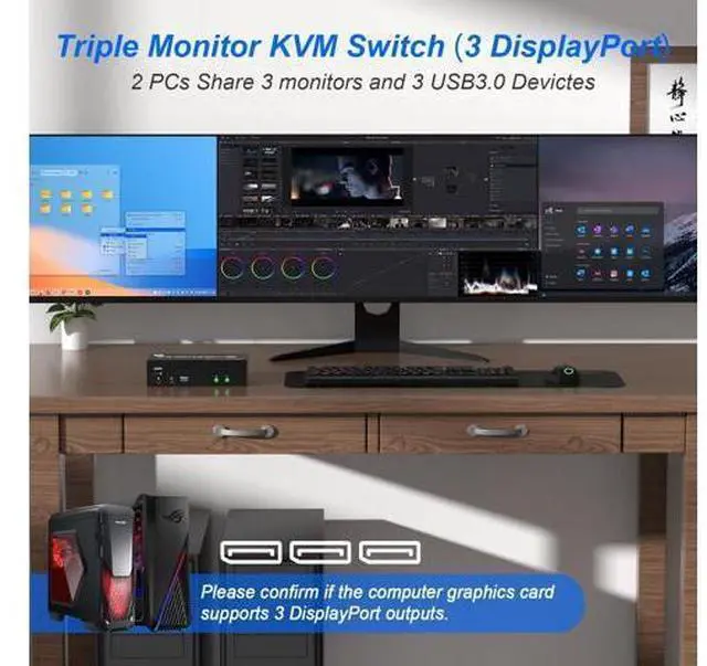 Alt view image 3 of 5 - 8K@60Hz KVM Switch 3 Monitors 2 Computers 4K@144Hz, DP 1.4 8K Displayport KVM Switch Triple Monitor for 2 Computer Share 3 Monitor, Audio Mic Port and 3 USB3.0 Devices, Wired Remote and 5V Adapter