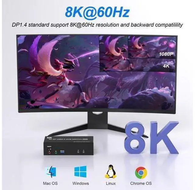 Alt view image 4 of 5 - 8K@60Hz KVM Switch 3 Monitors 2 Computers 4K@144Hz, DP 1.4 8K Displayport KVM Switch Triple Monitor for 2 Computer Share 3 Monitor, Audio Mic Port and 3 USB3.0 Devices, Wired Remote and 5V Adapter