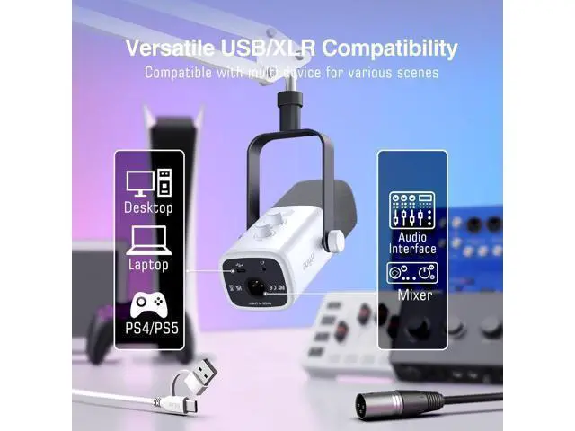 Alt view image 3 of 7 - Deuninker Gaming XLR/USB Microphone Kit, Streaming Dynamic Mic Set for PC, Computer Mic for Vocal Podcast Recording Voiceover, with Headphones Jack, Gain Knob, Arm Stand-AmpliGame AM8T White