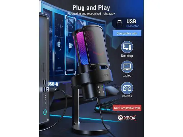 Alt view image 2 of 7 - Deuninker Gaming USB Microphone Bundle with Arm Stand, RGB Condenser Desktop Mic with 4 Polar Patterns for Streaming, Mic Boom Arm with Heavy Duty Clamp, Suspension Scissor for Voice-Over(A8Plus+CS1)