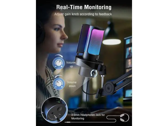 Alt view image 5 of 7 - Deuninker Gaming USB Microphone Bundle with Arm Stand, RGB Condenser Desktop Mic with 4 Polar Patterns for Streaming, Mic Boom Arm with Heavy Duty Clamp, Suspension Scissor for Voice-Over(A8Plus+CS1)