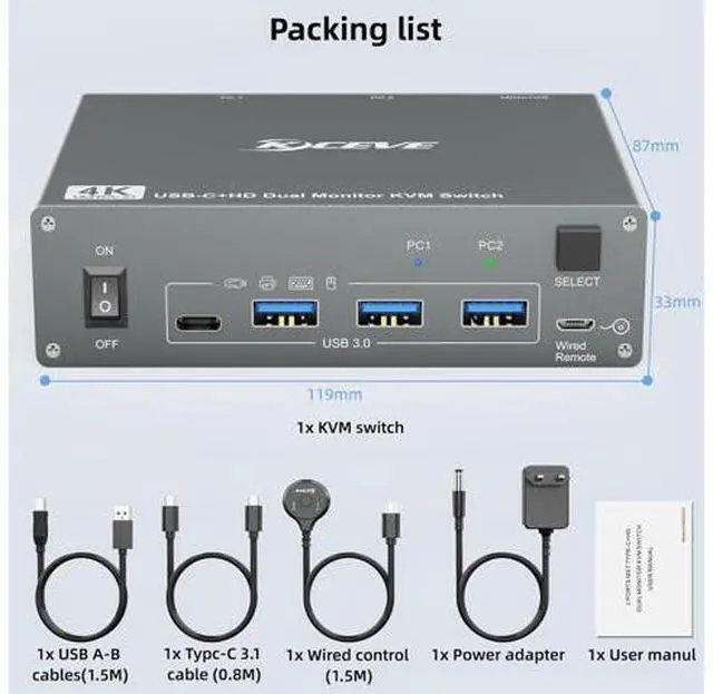 Alt view image 2 of 7 - KVM Switch 2 Monitors 2 Computers USB C HDMI, Dual Monitor USB 3.0 USB Typc C KVM Switcher Supports 4K@60Hz for 2 Computers Share Keyboard, Mouse and Monitor