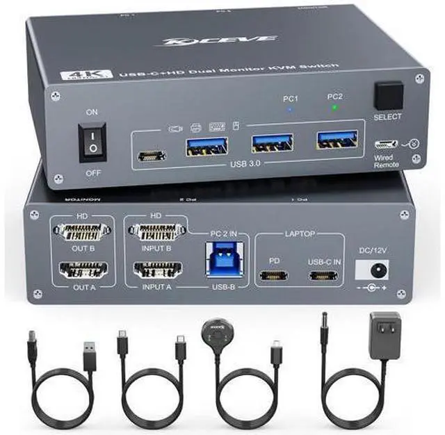 Main image of KVM Switch 2 Monitors 2 Computers USB C HDMI, Dual Monitor USB 3.0 USB Typc C KVM Switcher Supports 4K@60Hz for 2 Computers Share Keyboard, Mouse and Monitor