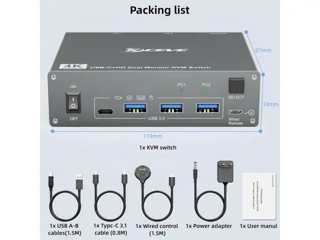 Alt view image 7 of 7 - Ennovor KVM Switch 2 Monitors 2 Computers USB C HDMI, Dual Monitor USB 3.0 USB Typc C KVM Switcher Supports 4K@60Hz for 2 Computers Share Keyboard, Mouse and Monitor