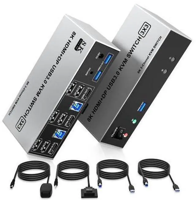 Main image of 8K@60Hz USB3.0 2 Displayport+HDMI KVM Switch Triple Monitor 2Computer, 2PC Share 3Monitors (HDMI+2 Displayport) KVM Switch with Audio Microphone and 3USB Ports, HDMI+2 DP Monitor Switch for 2PC